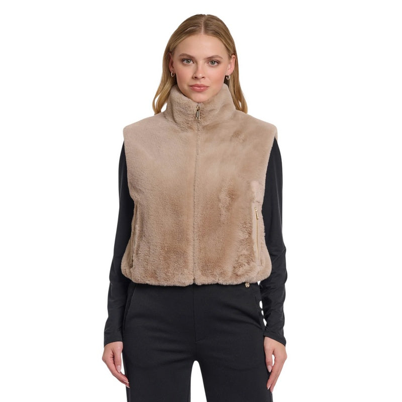 Rino & Pelle Nikki Short Faux Fur Waistcoat Oat on model close-up