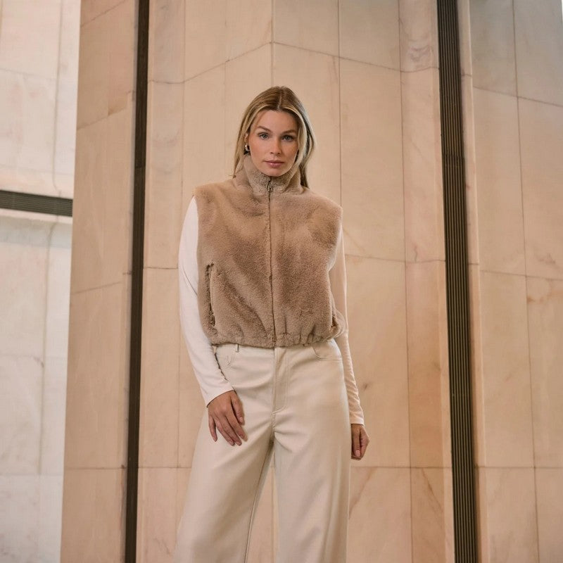 Rino & Pelle Nikki Short Faux Fur Waistcoat Oat on model lifestyle
