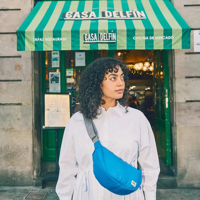 Roka Farringdon Half Moon Taslon Bag Malibu Blue on model