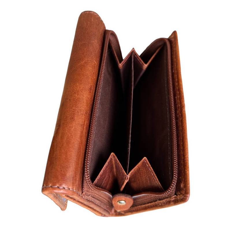Rowallan Of Scotland Mauritius Cognac Trifold Rear Zip Wallet Purse unzipped