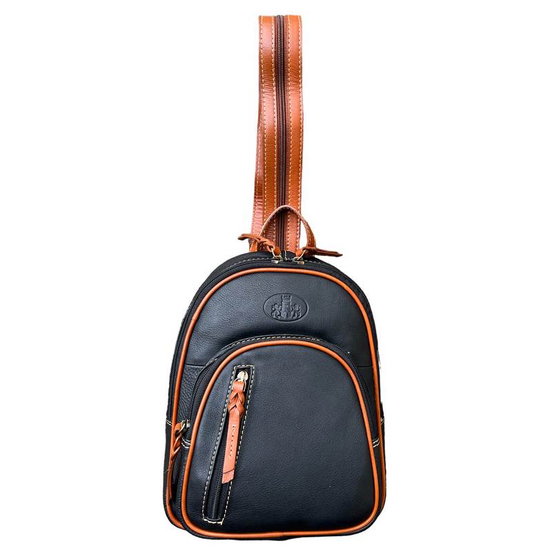 Rowallan Of Scotland Prelude Black Tan Small Backpack 31-9499-01 front with straps