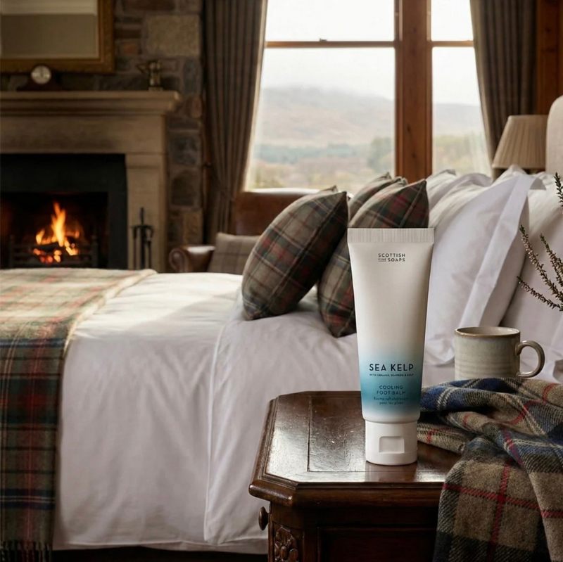 Scottish Fine Soaps Sea Kelp Cooling Foot Balm 75ml lifestyle in bedroom