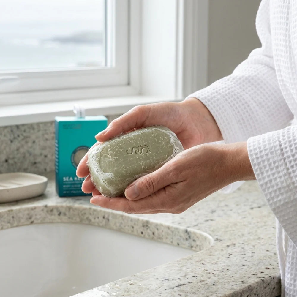 Scottish Fine Soaps Sea Kelp Exfoliating Body Scrub Bar in use