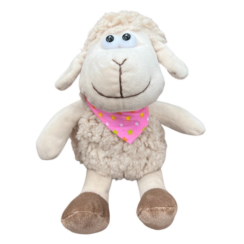 Sitting Sheep Soft Toy with Pink Neck Tie front