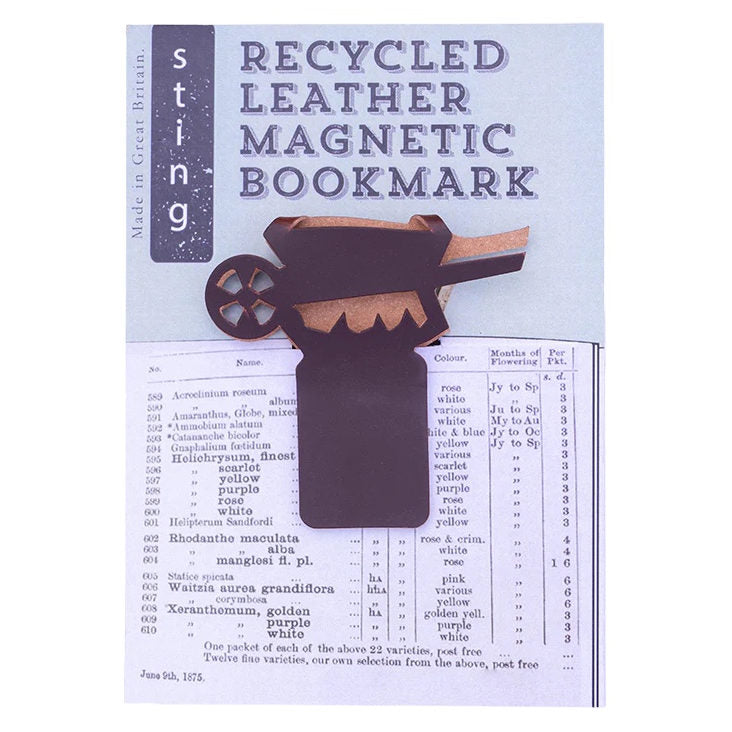 Sting in the Tail Recycled Leather Magnetic Bookmark Wheelbarrow packaging