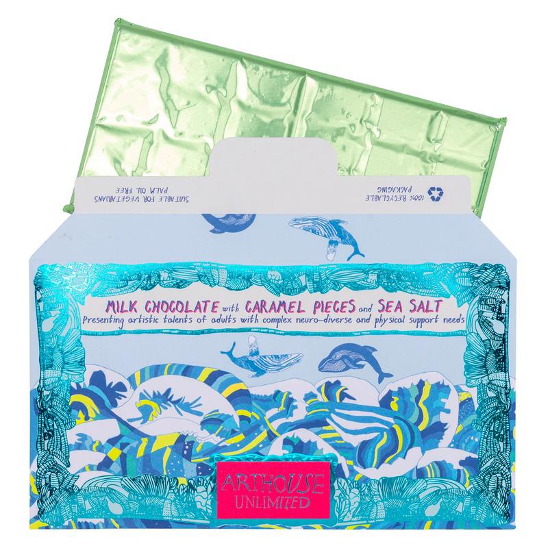 Swim With Whales Handmade Milk Chocolate With Caramel and Sea Salt open