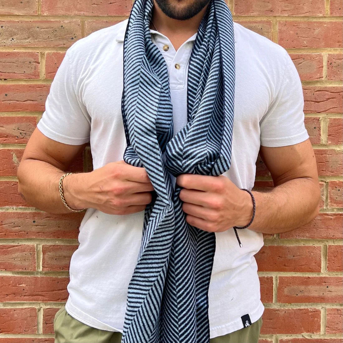 Swole Panda Light Blue Herringbone Men's Bamboo Scarf SP751 on model