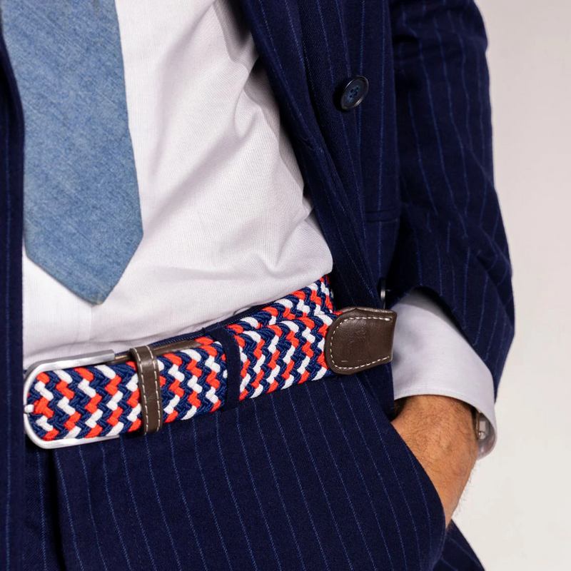 Swole Panda Repreve Woven Belt Red White and Blue Zigzag SP-RWB-40 on model