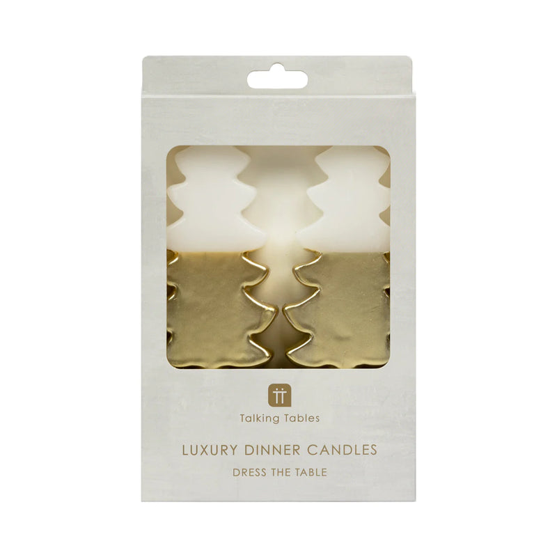 Talking Tables Tree Shaped Dinner Candles White and Gold CSHOP-CNDL-TREE-GLD box front
