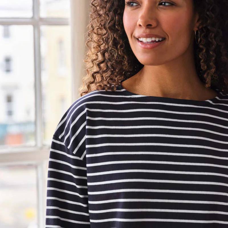 Thought Fashion Clothing Fairtrade Organic Cotton Breton Striped Top Navy WST5900 on model detail