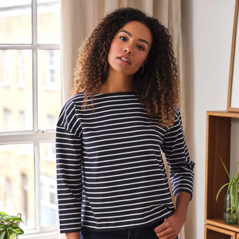 Thought Fashion Clothing Fairtrade Organic Cotton Breton Striped Top Navy WST5900 on model front