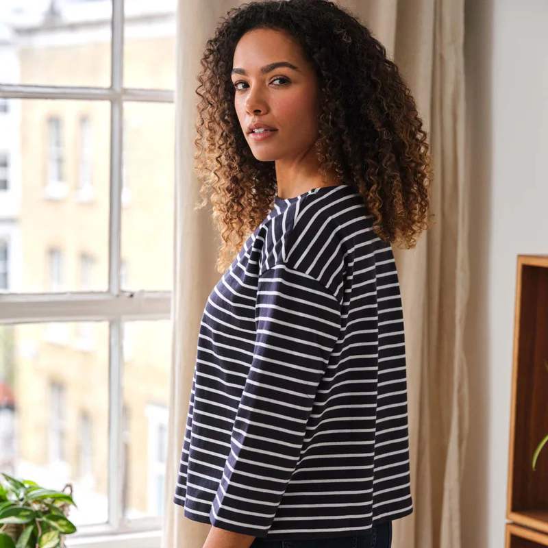 Thought Fashion Clothing Fairtrade Organic Cotton Breton Striped Top Navy WST5900 on model side