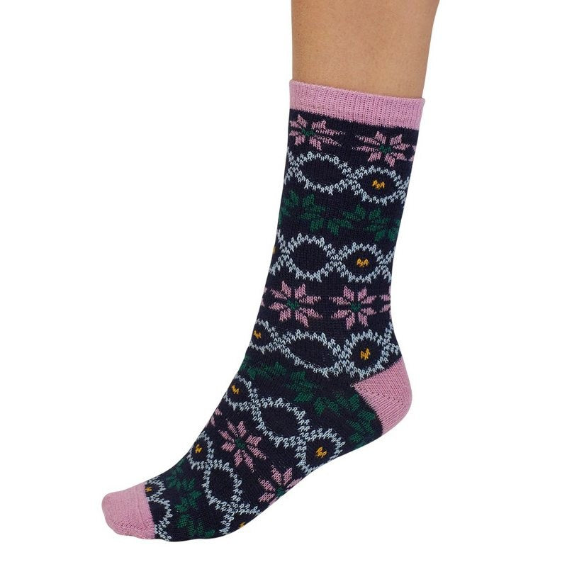 Thought Fashion Eleni Fair Isle Wool Socks Navy Pink SPW904 side