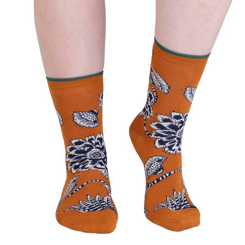 Thought Freja Organic Cotton Abstract Flower Socks Turmeric Yellow 4-7 SPW838 front