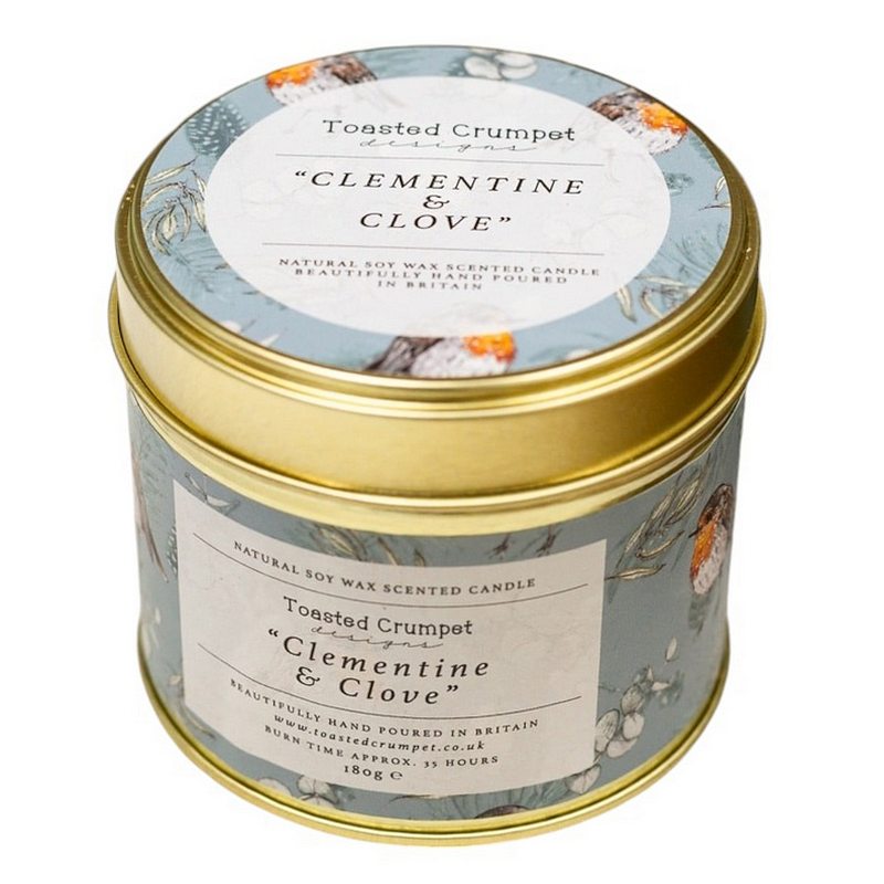 Toasted Crumpet Designs Clementine & Clove Candle in Matt Gold Tin TC19 front