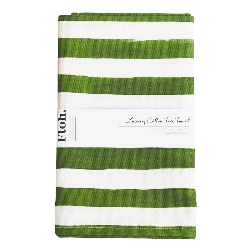 Toasted Crumpet Designs Forest Green Striped Tea Towel packaged