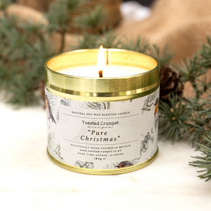 Toasted Crumpet Designs Pure Christmas Candle in Matt Gold Tin TC18 alight lifestyle