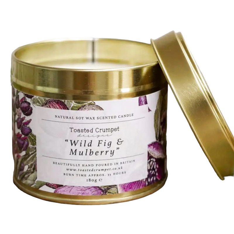 Toasted Crumpet Designs Wild Fig & Mulberry Candle in Matt Gold Tin TC52 open