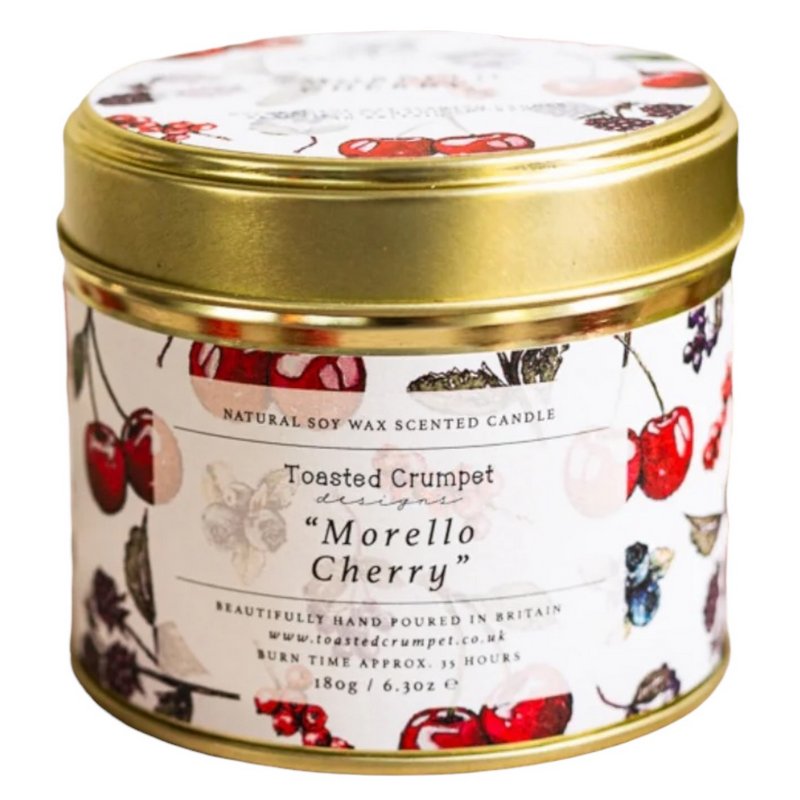Toasted Crumpet Morello Cherry candle in Matt Gold Tin TC81 front