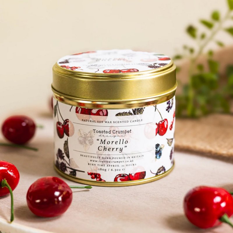 Toasted Crumpet Morello Cherry candle in Matt Gold Tin TC81 lifestyle