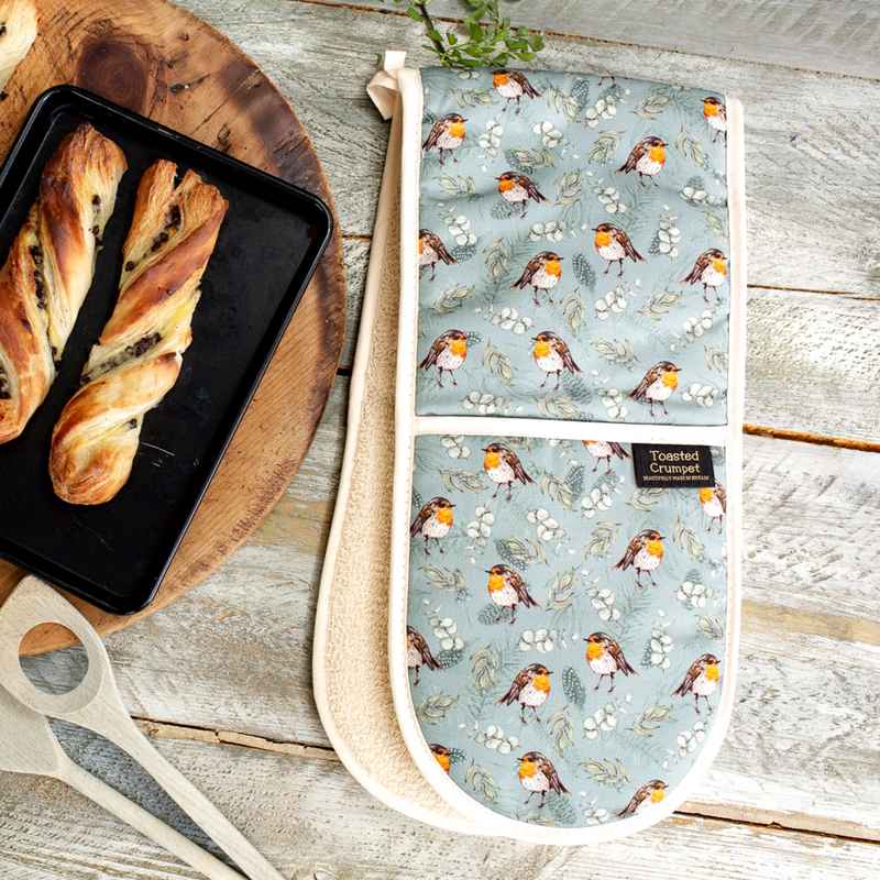 Toasted Crumpet Robin and Eucalyptus Blue Cotton Double Oven Glove OGD50 lifestyle