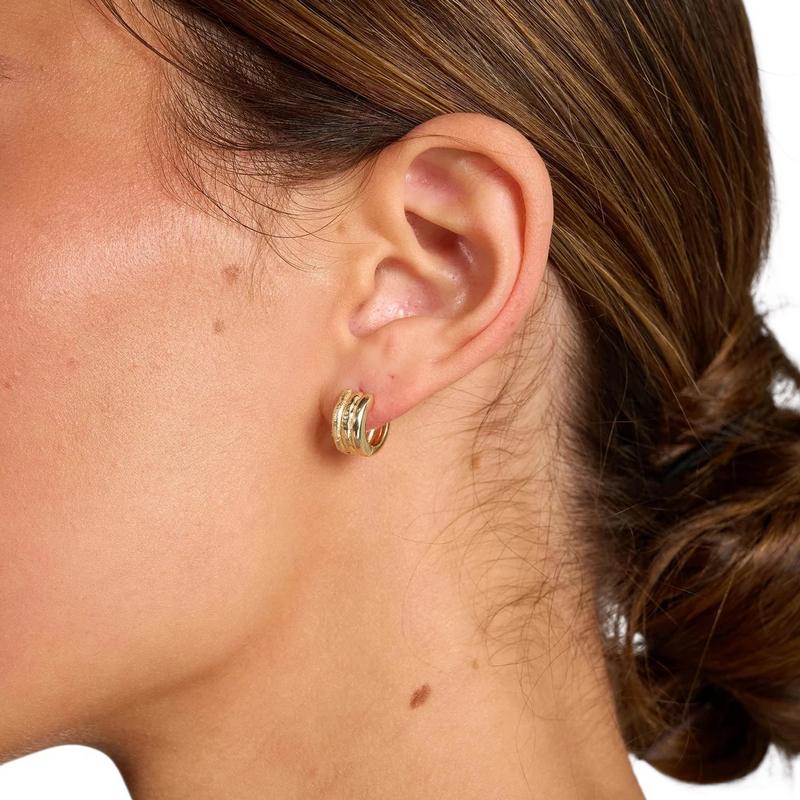 Tutti and Co Jewellery Breeze Hoop Earrings Gold EA673G on model close-up