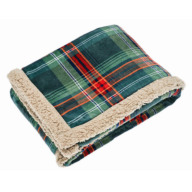 Waltons Of Yorkshire Check Sherpa Flannel Throw Green and Taupe Tartan AWTSHGT folded