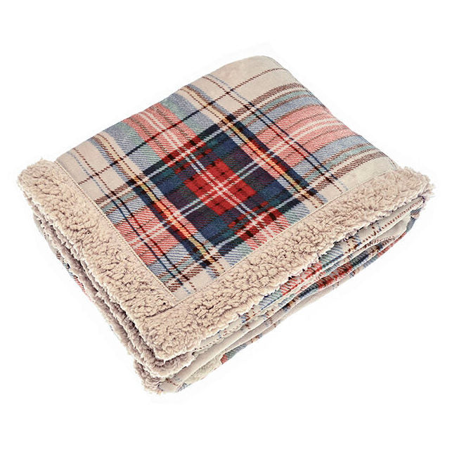 Waltons Of Yorkshire Check Sherpa Flannel Throw Linen and Taupe Tartan AWTSHLT folded