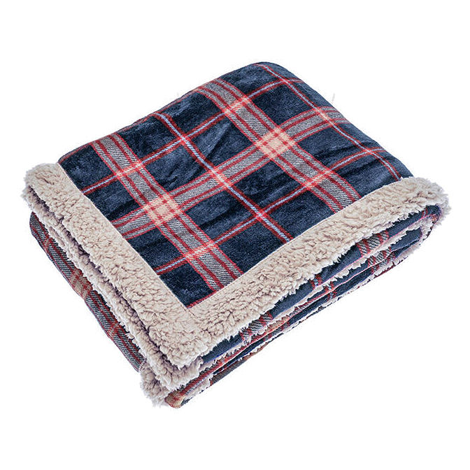 Waltons Of Yorkshire Check Sherpa Flannel Throw Midnight Tartan and Taupe AWTSHMT folded