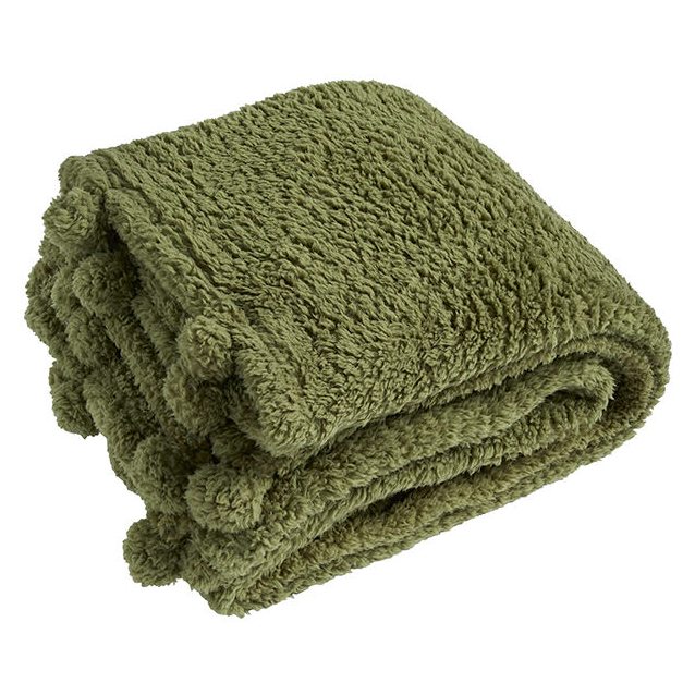 Waltons Of Yorkshire Cosy Pom Pom Throw Olive AWTCCPO folded