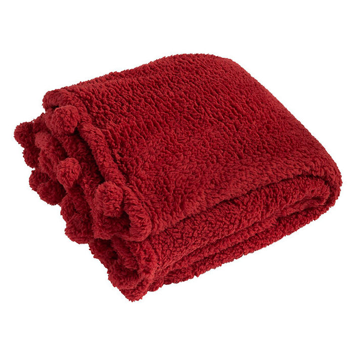 Waltons Of Yorkshire Cosy Pom Pom Throw Red AWTCCPR folded