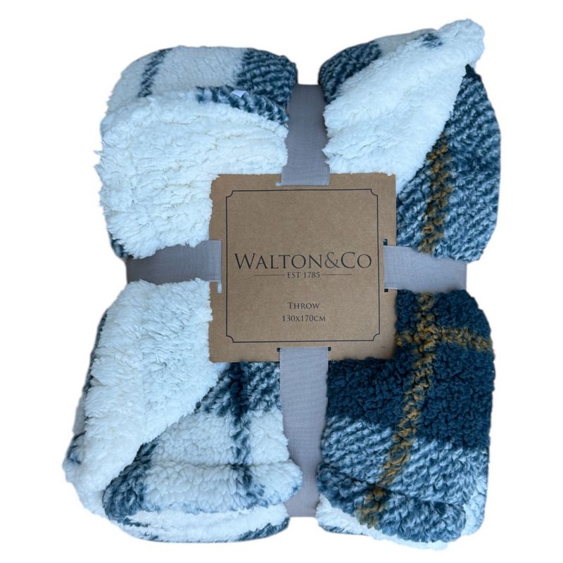 Waltons Of Yorkshire Cosy Check Throw Slate Blue packaged front