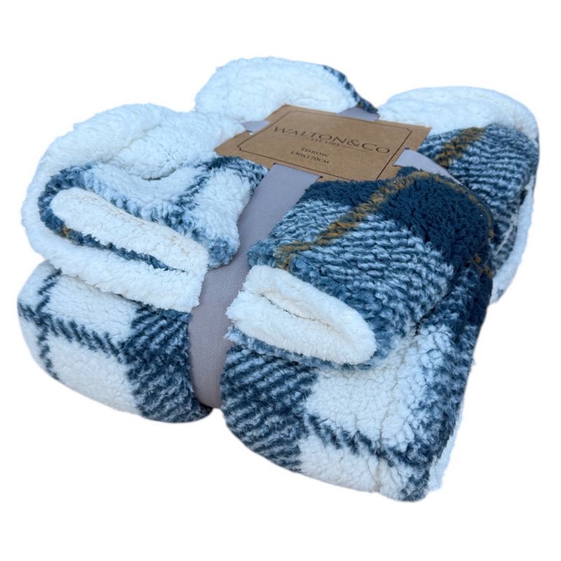 Waltons Of Yorkshire Cosy Check Throw Slate Blue packaged side