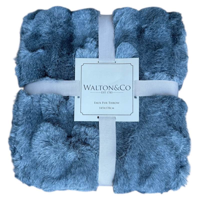 Waltons Of Yorkshire Feather Faux Fur Throw Slate Blue front