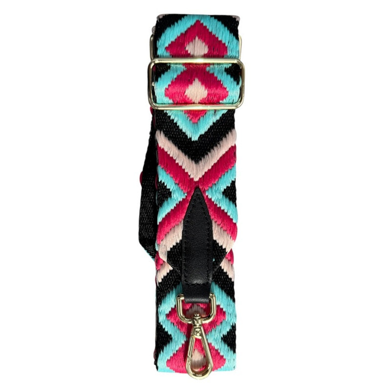 Wide Bag Strap Bohemian Cyan Pink Black folded