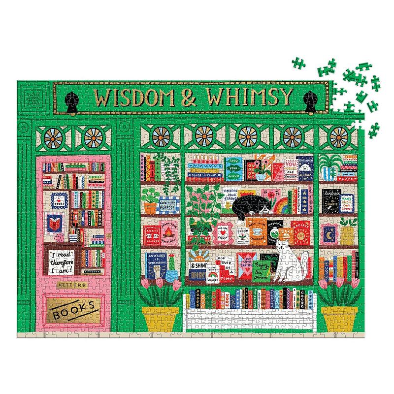 Wisdom & Whimsy Bookshop 1000 Piece Foil Jigsaw Puzzle almost completed