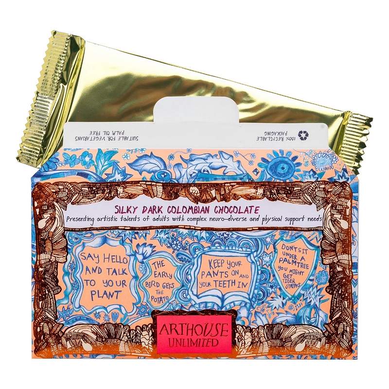 Words of Wisdom Silky Dark Columbian Chocolate Bar CHOC096 open