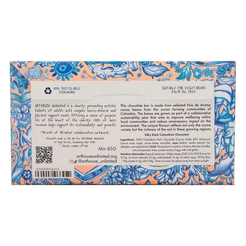 Words of Wisdom Silky Dark Columbian Chocolate Bar CHOC096 rear