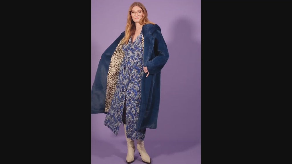 Faux Shearling Long Hooded Coat in Blue CHCTA63A-07H on model video