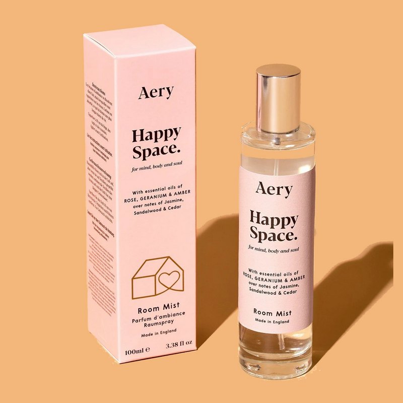 Aery Living Aromatherapy Rose Geranium & Amber Room Mist Happy Space AE0103 on coloured background