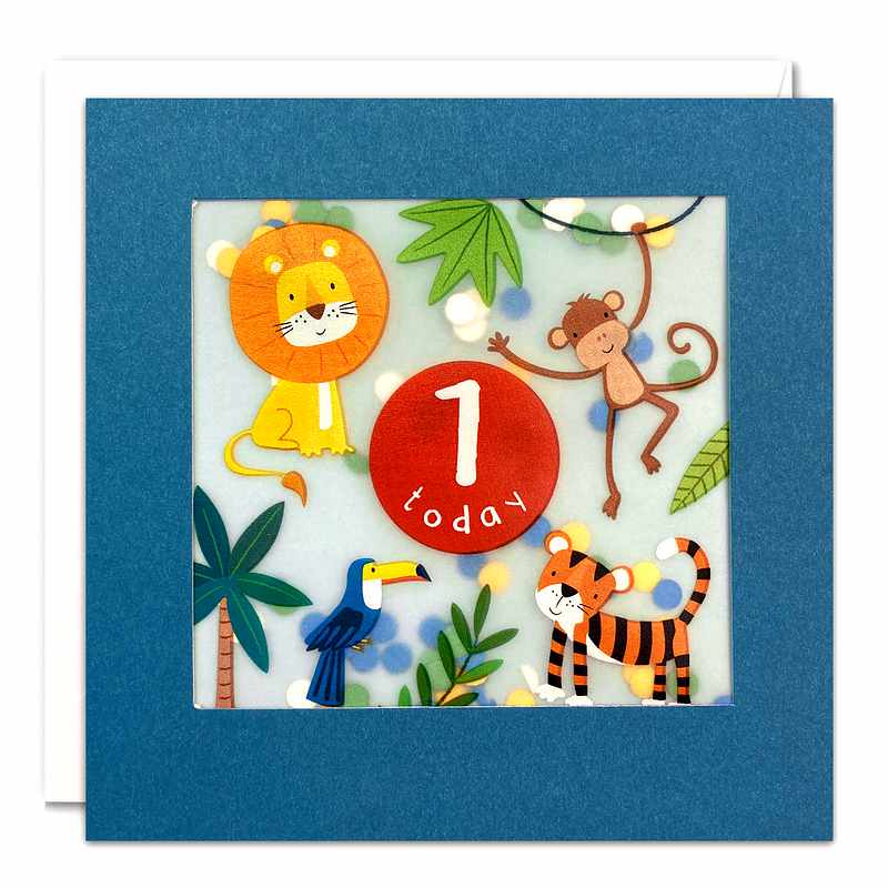 Age 1 Blue Jungle Paper Shakies Birthday Card PP3712 front