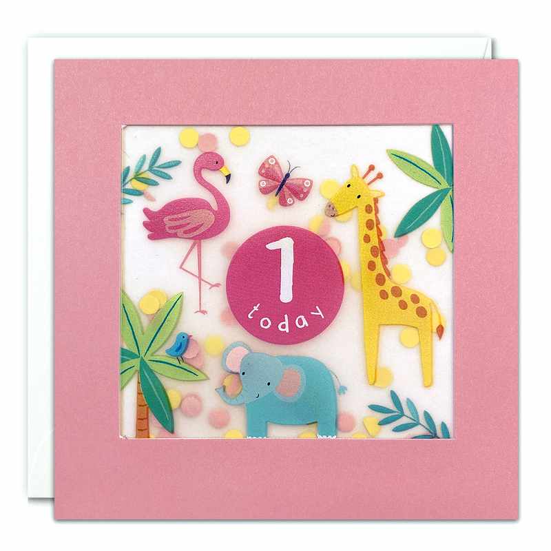 Age 1 Pink Jungle Paper Shakies Birthday Card PP3713 front