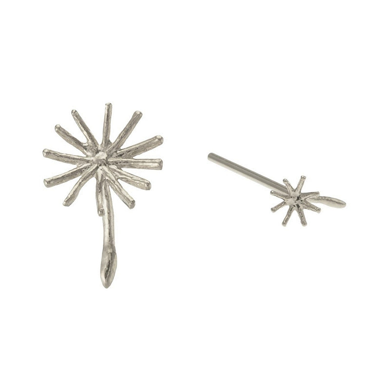 Alex Monroe Jewellery Assymetric Dandelion Fluff Earrings Silver NLE3-S front and side