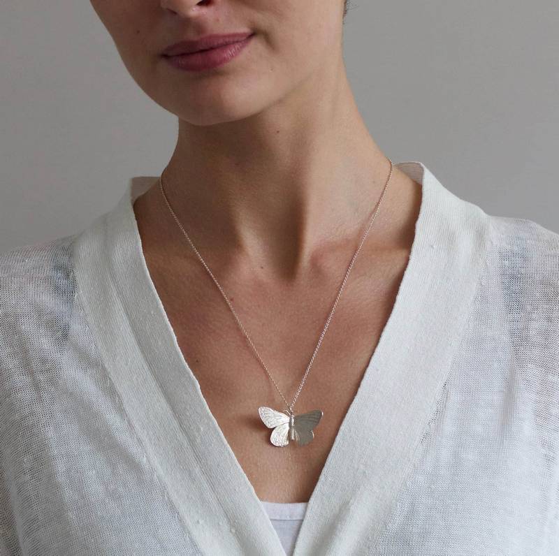 Alex Monroe Jewellery Duke of Burgundy Butterfly Necklace Silver Plate ETN3-S on model