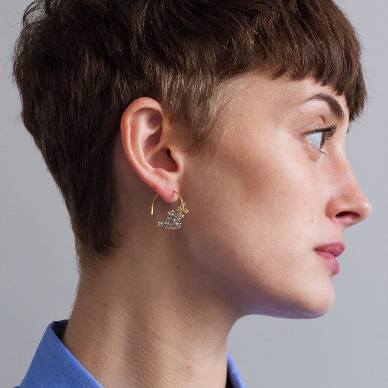 Alex Monroe Jewellery Posy Bloom Hoop Earrings Silver & Gold Plate FSE1-MIX on model