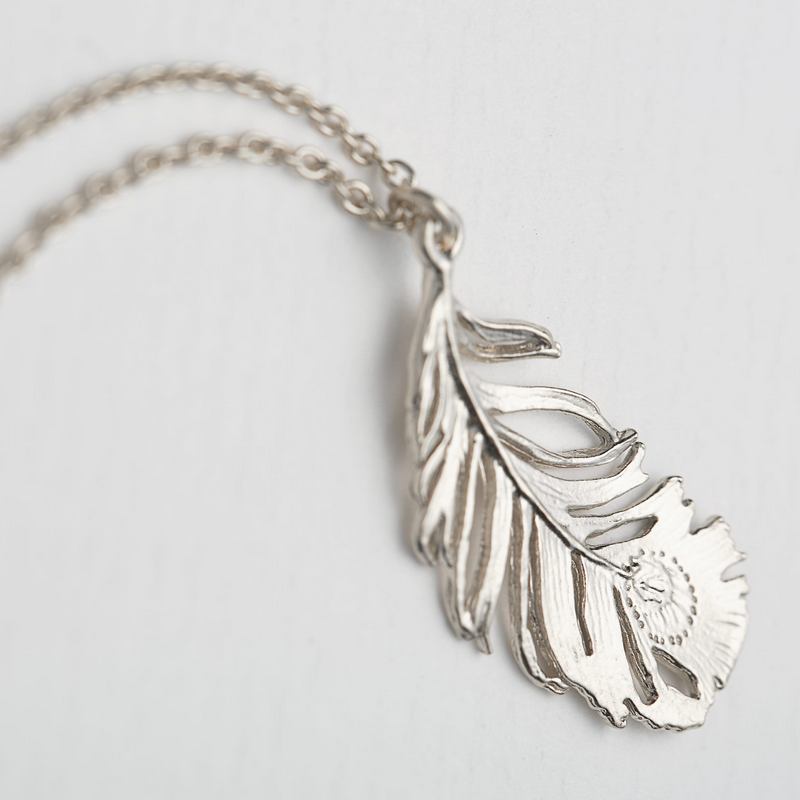 Alex Monroe Peacock Feather Necklace Silver PCN7-S at angle