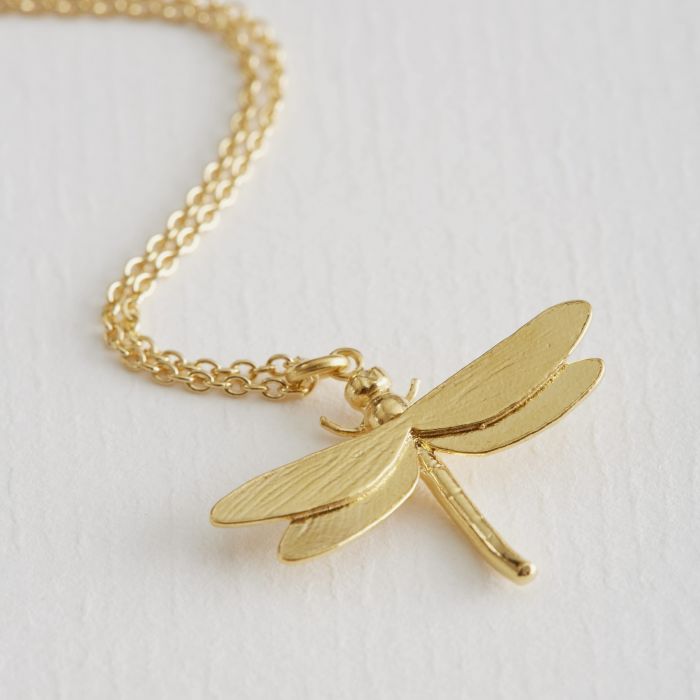 Alex Monroe Jewellery Dragonfly Necklace Gold Plated MGN10-GP on paper