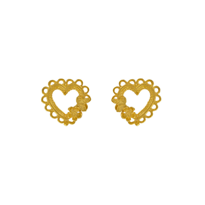 Alex Monroe Jewellery Lace-edged Heart & Flower Stud Earrings Gold Plated SLE7-GP