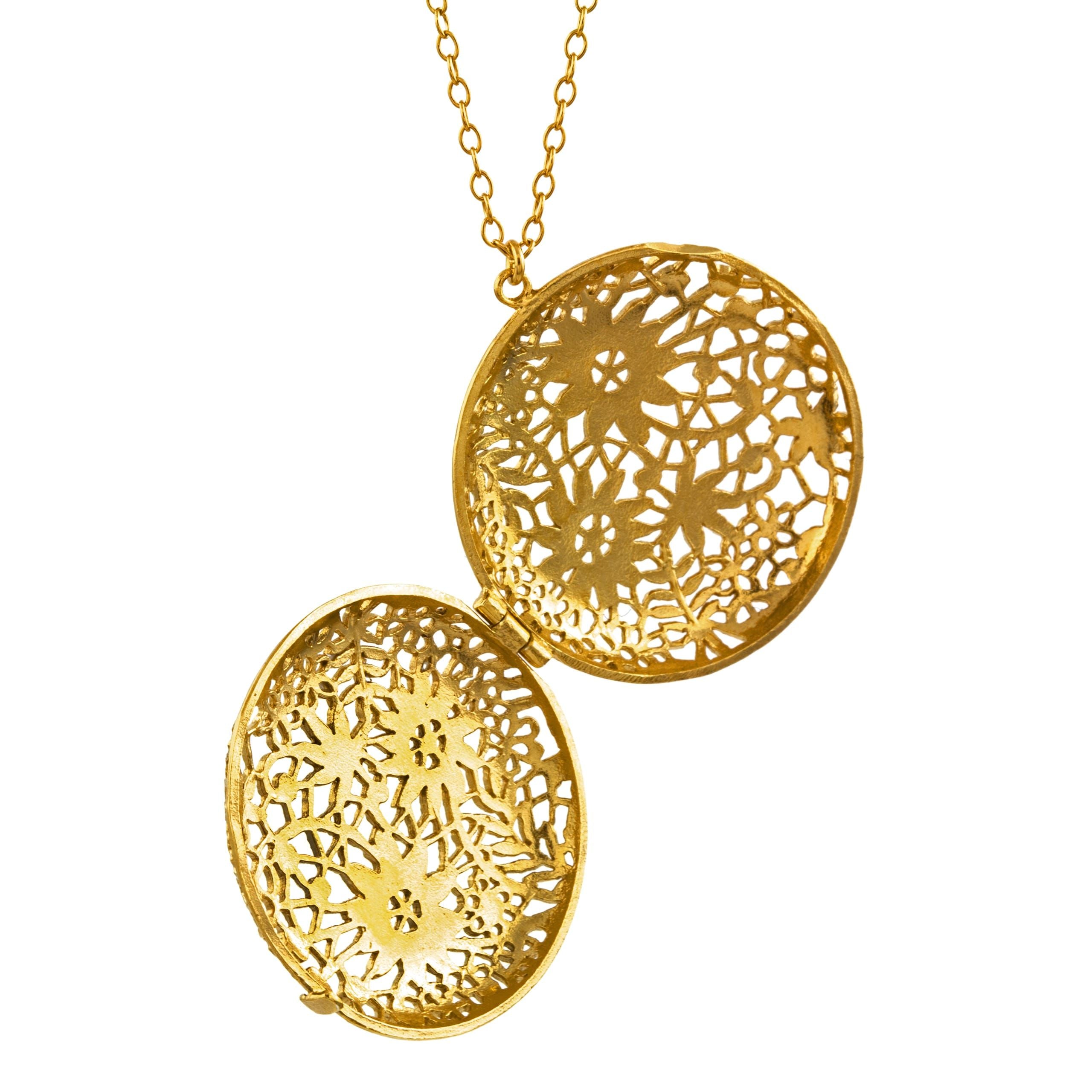 Alex Monroe Jewellery Large Chantilly Lace Locket Gold Plated THL2-GP open