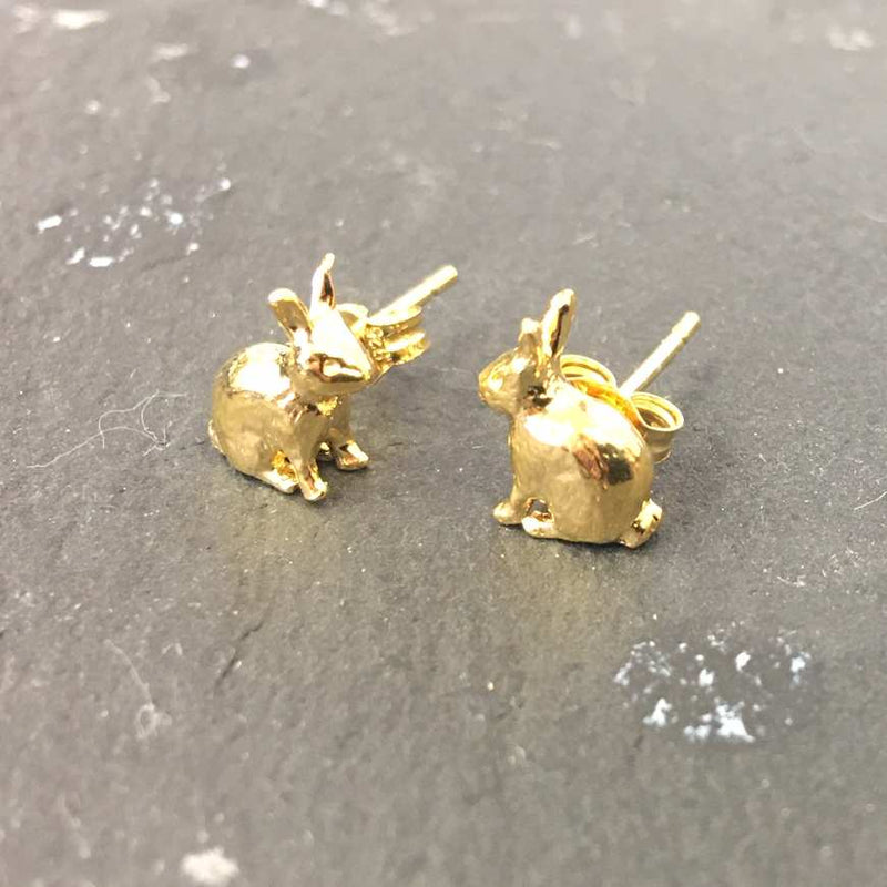 Alex Monroe Jewellery Sitting Bunny Rabbit Stud Earrings Gold Plate on slate